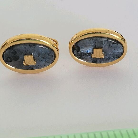 Lanvin Oval Cufflinks Gold Gray MarbelTone French Designer Retro Made In Germany - Picture 1 of 7